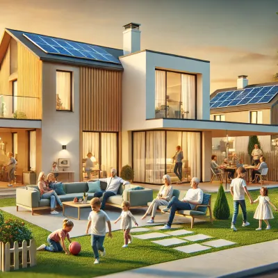 A modern multigenerational home with a large family living together. The house features separate living spaces, including a main house and an attached